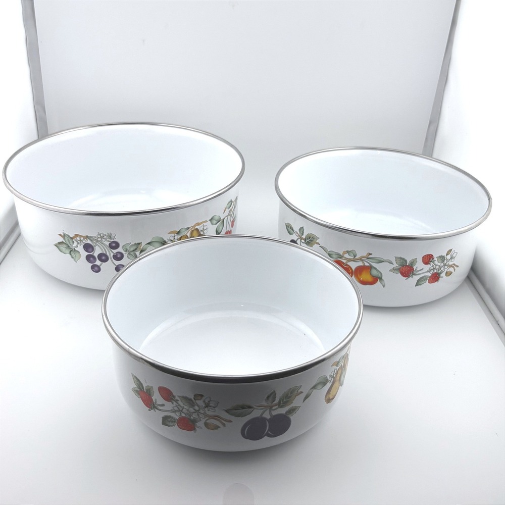 Vintage Tabletops Unlimited Fruit Pattern Enamel Nesting Mixing Bowls Set of 3